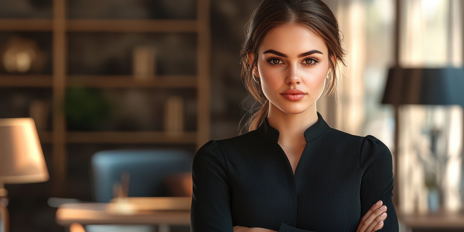 Professional woman standing confidently in a stylish office during a bright afternoon